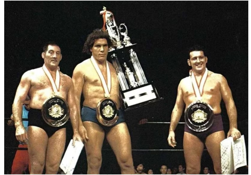 IWE World Series 3 podium with Karl Gotch, the winner (future) Andre & Billy