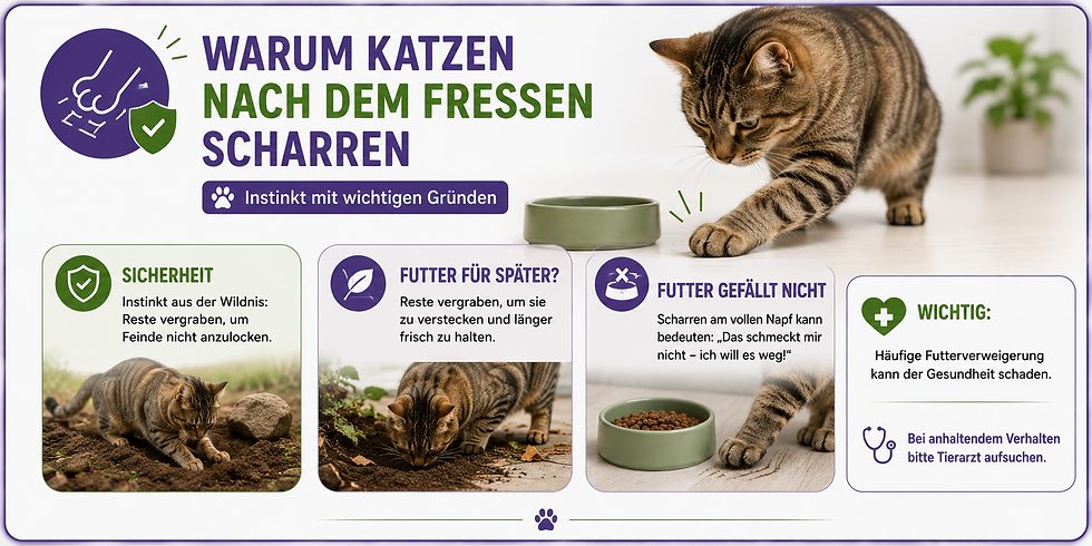 Infografik mit Katze neben Napf: Warum Katzen nach dem Fressen scharren, mit Hinweisen zu Sicherheit, Futter und Gesundheit.