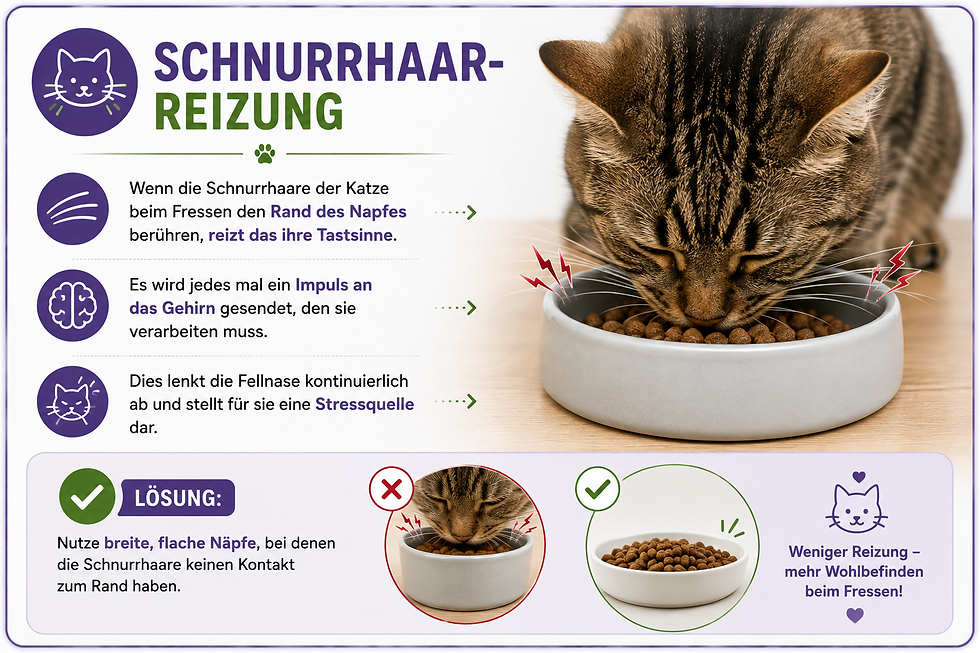Infografik: Katze frisst aus Napf; Text erklärt Schnurrhaar-Reizung und empfiehlt breite, flache Näpfe.