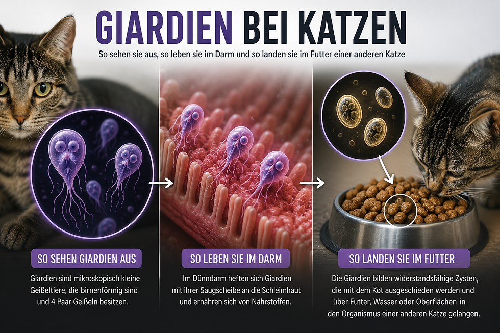 Infografik mit zwei Katzen, Giardia-Zellen, Dünndarm und Futternapf; Pfeile zeigen Übertragung. Text: Giardien bei Katzen