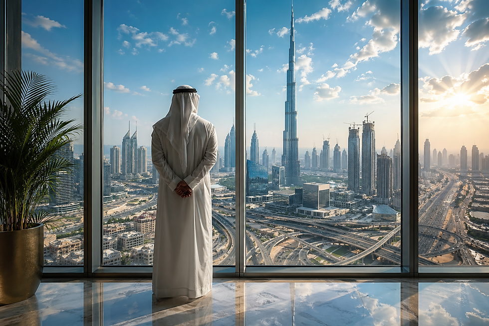A man in traditional Middle Eastern attire stands by a large window, overlooking a modern cityscape with skyscrapers and highways during daylight.