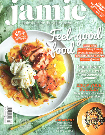 miso caramelised salmon with soba noodles, asparagus and an orange vinaigrette on a white plate 