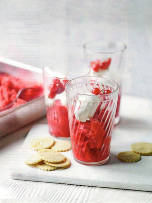 Strawberry granita and ice cream in glasses 