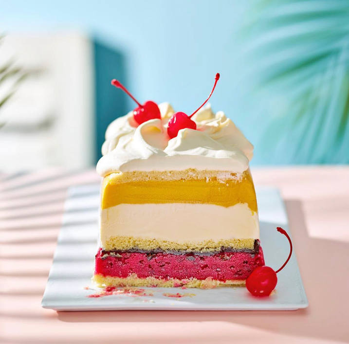 Slice of spumoni ice cream cake on a white platter, with whipped cream and cherries on top