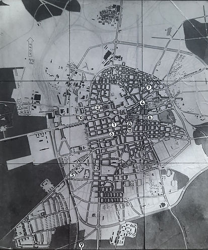 Stadtplan Darmstadts mit eingezeichneten Standorten der elf geplanten Meisterbauten.