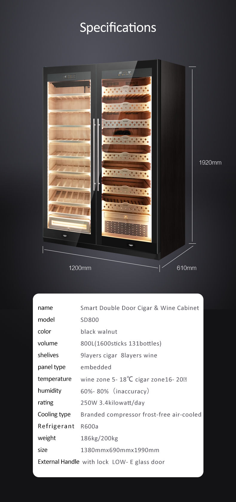 Thumbnail: RACHING SD800 - Smart Cigar Humidor & Wine Cooler (1600 cigars / 130 bottles)