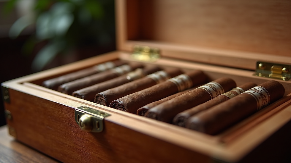 Close-up view of an open cedar-lined cigar humidor with cigars inside