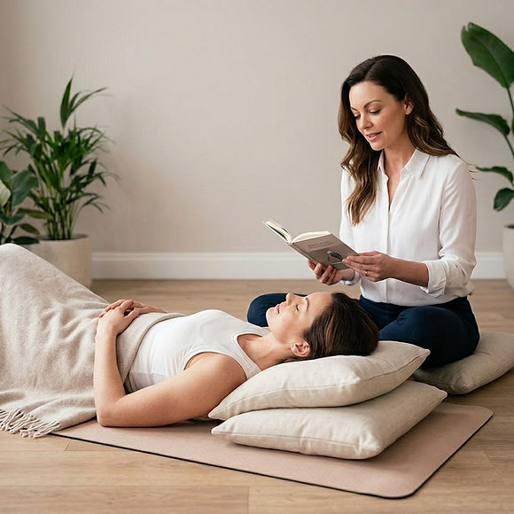 Frau liegt entspannt auf Yogamatte und bekommt von Beraterin eine Phantasiereise vorgelesen.jpeg