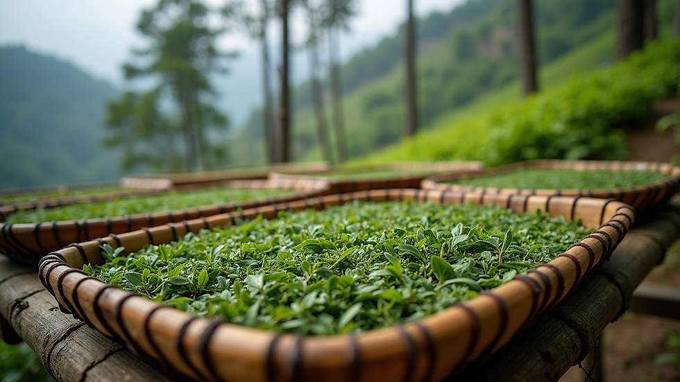 Eye-level view of tea leaves drying on bamboo trays in a Himalayan tea garden