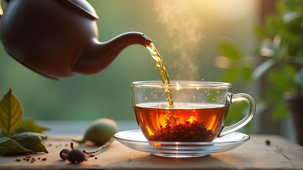 Eye-level view of a teapot pouring herbal tea into a clear glass cup