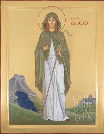 Saint Brigid of Kildare with landscape of Iona