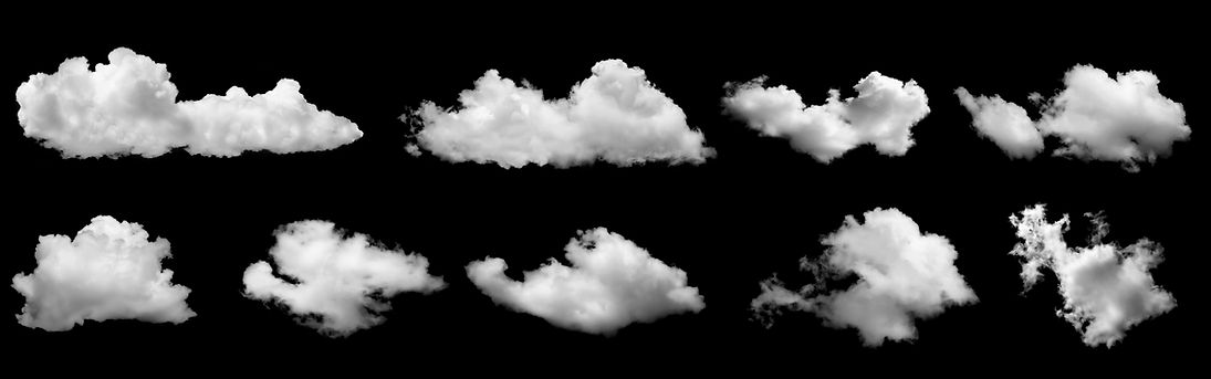 White clouds collection isolated on black background, cloud set on black fluffy white clou