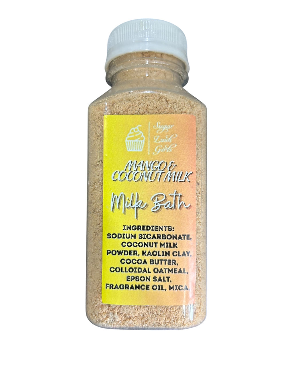 Mango & Coconut Milk Bath: Sugar Lush Girls' bath soak with sodium bicarbonate, coconut milk powder, kaolin clay, cocoa butter, colloidal oatmeal, Epsom salt, fragrance oil, and mica.