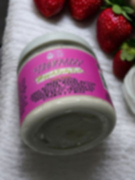 Strawberry body scrub jar with ingredients