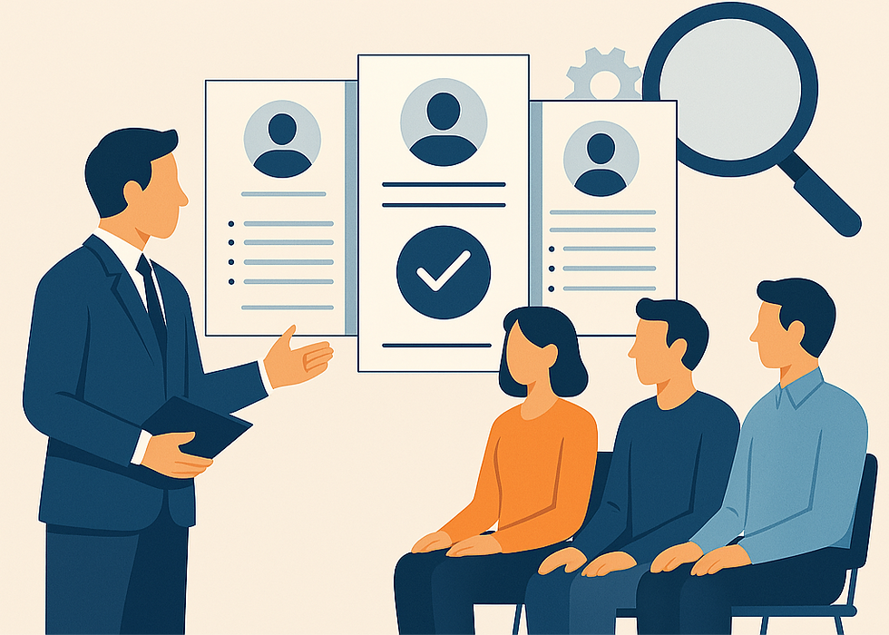 Illustration of a man in a suit presenting to three seated people. Background shows resumes, a magnifying glass, and a check mark.