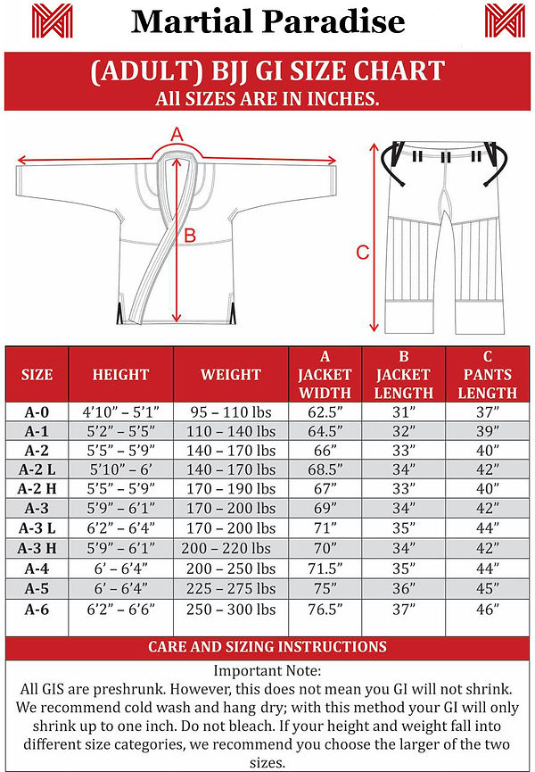 bjj jiu jtisu gi adult size chart martial paradise 
