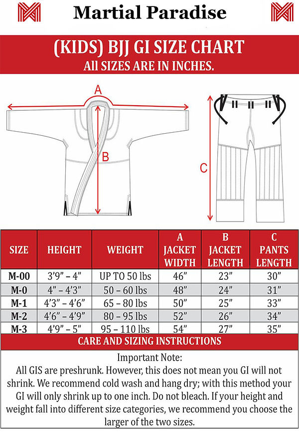 bjj jiu jtisu kids gi size chart martial paradise 