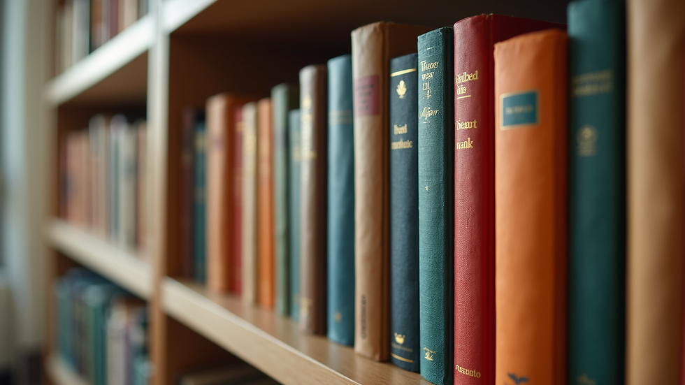 High angle view of a group of colorful book spines on a shelf