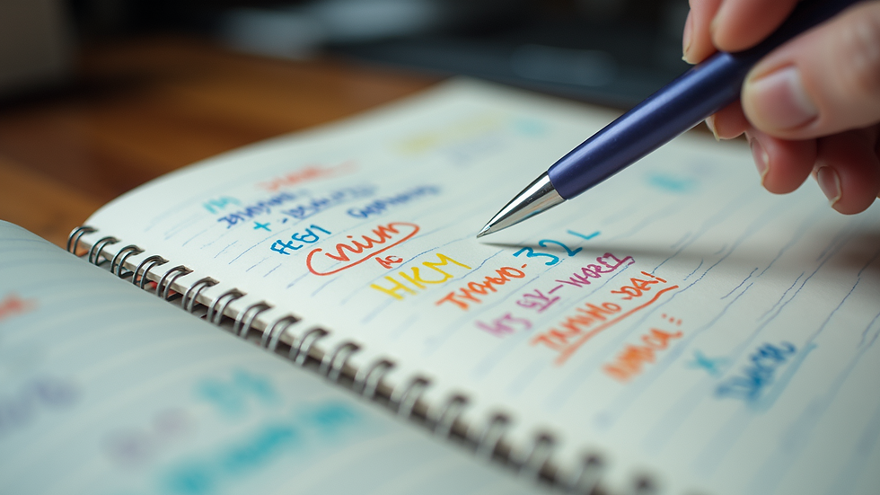 Eye-level view of an open notebook with colorful annotations