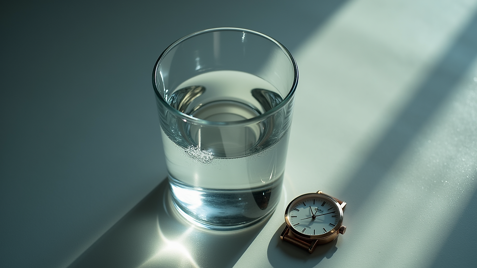 Augenhöhe Blick auf ein Glas Wasser und eine Uhr