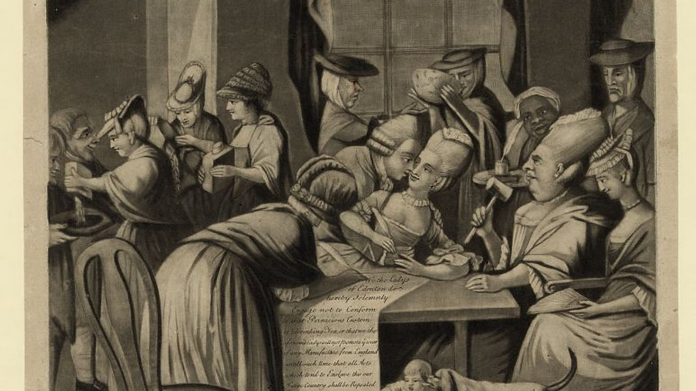 “1775 British mezzotint satire depicting the women of Edenton, North Carolina, organizing a boycott of English tea.” (Library of Congress)