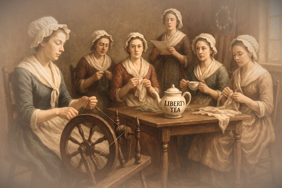 A traditional realist oil painting of six Revolutionary War-era women in a rustic room, engaging in spinning, sewing, and tea-drinking. A teapot labeled “LIBERTY TEA” sits at the center of the table, symbolizing their protest. Warm lighting and colonial attire reflect the era, highlighting women’s quiet but powerful political activism during the American Revolution.
