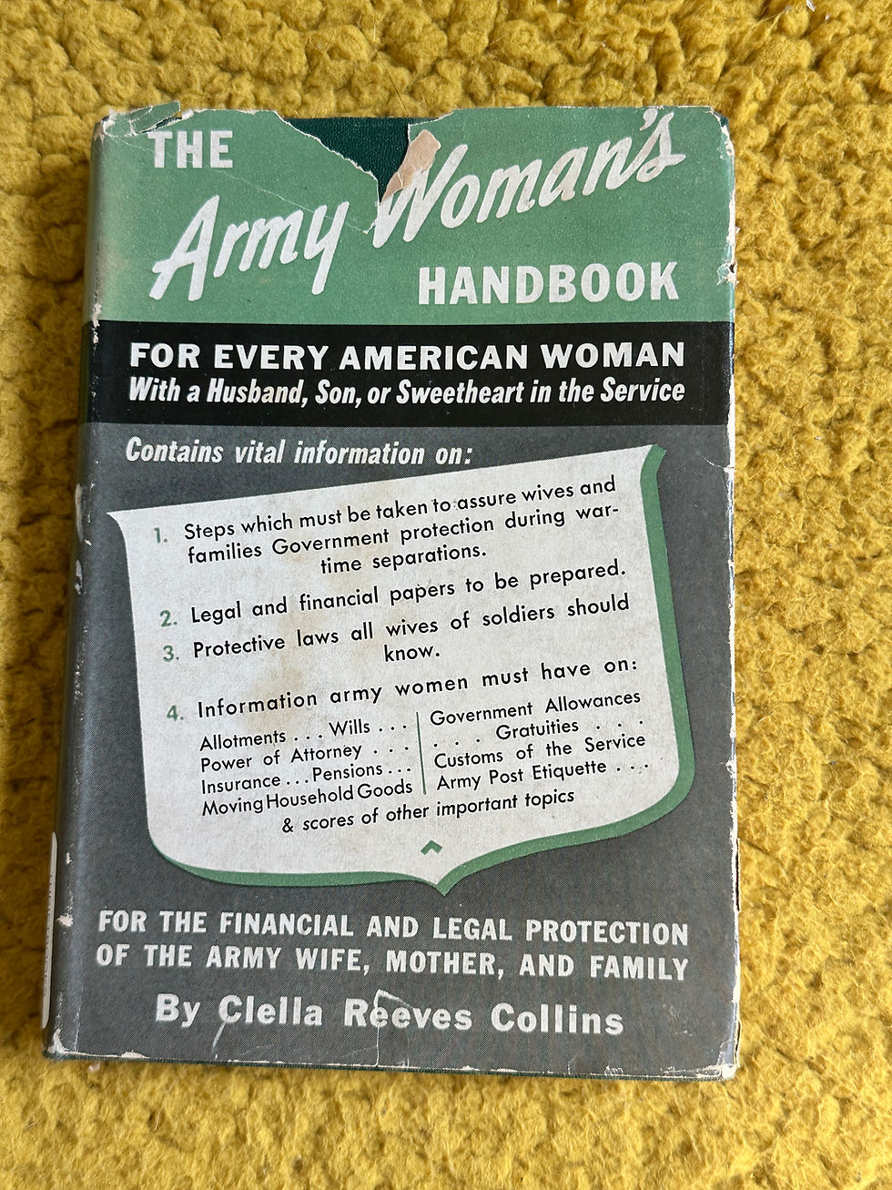 In my collection: Army Woman’s Handbook, By Clella R. Collins (1942), 203 pages,  World War II (published before U.S. women were fully integrated into uniformed military service)
