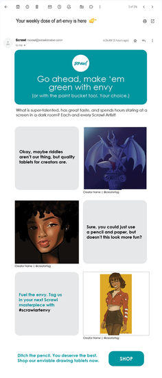 Screenshot of an email for a drawing tablet featuring a gallery of digital art.