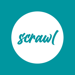 Teal background with circular "Scrawl" logo.