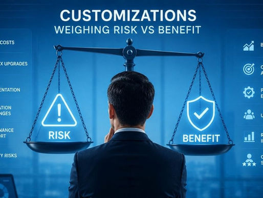 ERP Customization Risks weighed against benefits on a balance scale, highlighting cost, agility, and efficiency.