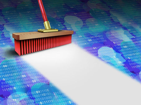 Broom sweeping away binary code on a blue background with human silhouettes, symbolizing ERP data cleansing, improved data quality, and secure cleanup of digital information, with red bristles standing out to emphasize precision and control.