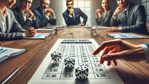 Executive meeting with people in suits around a table, discussing CRM projects. A dice roll on a "Budget Sheet" adds tension, symbolizing the high stakes of CRM project decisions. Bright, formal setting.