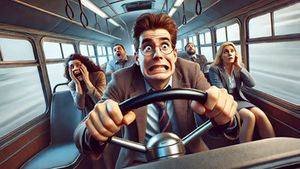 A geeky IT guy struggles to control a bus while driving, with four nervous passengers—his business partners—realizing they may have made a mistake letting him take charge of the CRM selection process.