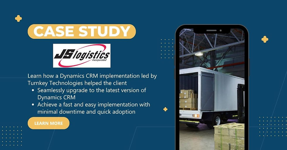 JS Logistics case study image showing a worker in a hard hat and vest moving boxes. Text highlights CRM implementation success by Turnkey Technologies. JS Logistics logo included.
