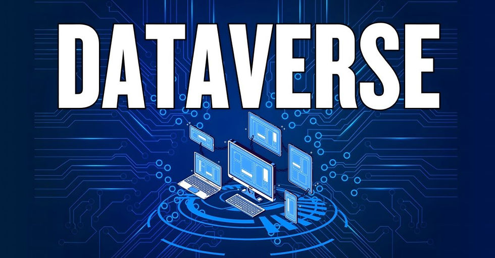 Digital devices connected with lines under "DATAVERSE" text on a blue circuit-themed background. Tech and network concept.