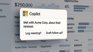 Software interface powered by Microsoft Copilot for Sales displays a notification: "Met with Acme Corp. about their renewal." Action buttons read "Log meeting?" and "Draft follow-up?" in front of a background of dynamic data charts—highlighting AI-driven sales productivity features.