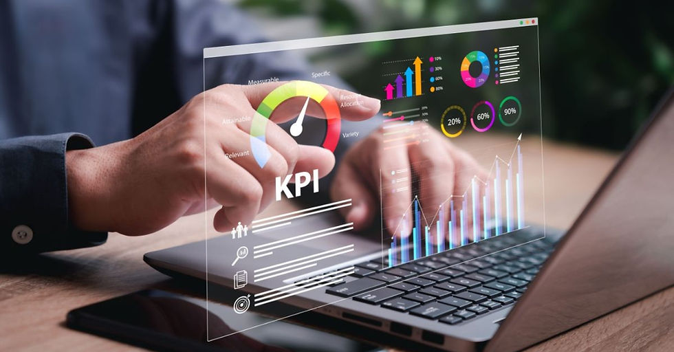 Hands pointing at a digital Power BI Financial Dashboards interface on a laptop screen, displaying colorful KPI charts, performance metrics, and graphs.
