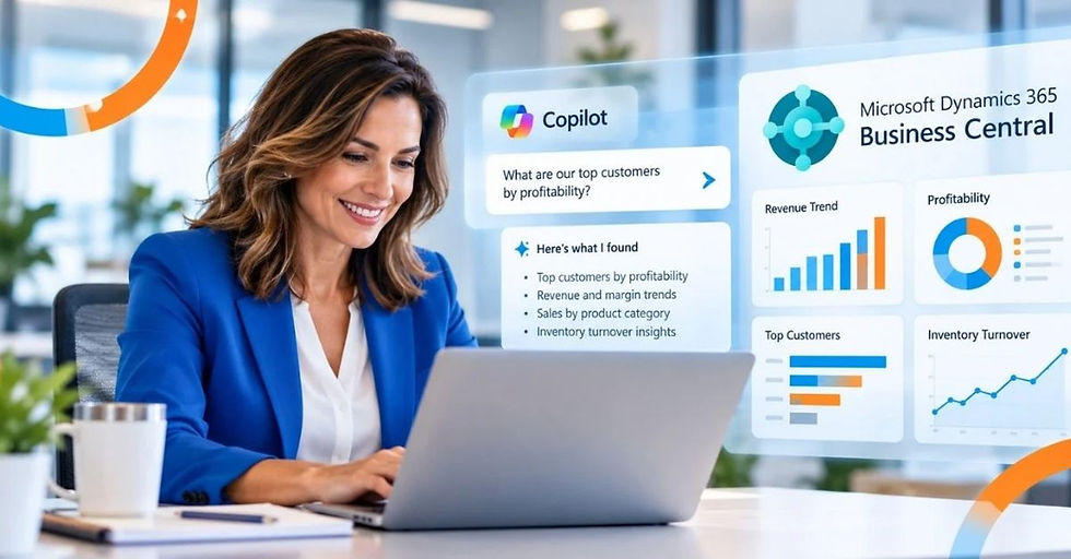 Woman using AI in Business Central with Microsoft Copilot to analyze customer profitability, revenue, and inventory trends.