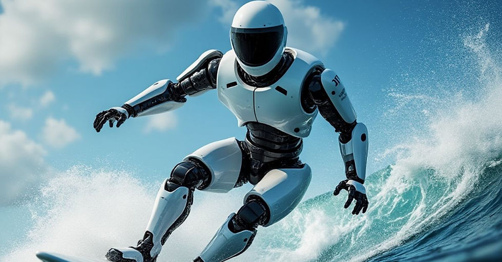 An AI-generated image of a robot surfing on waves - Copilot Sales 2024 Release Wave 2