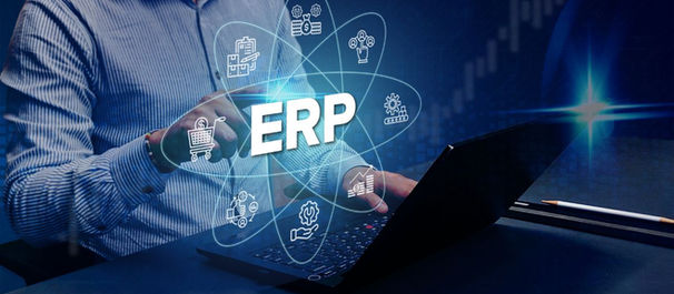 Man in striped shirt using laptop, finger touching virtual icons around “ERP” text. Blue background with digital financial graphics, symbolizing analysis of Why ERP Projects Fail and strategies for improvement.