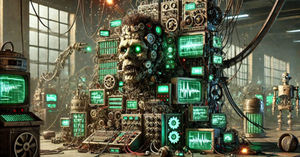 Futuristic lab with a robot head surrounded by glowing green screens and machinery, symbolizing the risks of relying on a homegrown CRM in a fast-changing, high-tech environment.