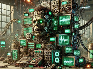 Futuristic lab with a robot head surrounded by glowing green screens and machinery, symbolizing the risks of relying on a homegrown CRM in a fast-changing, high-tech environment.