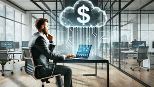 A businessman in a sleek, modern office analyzes Microsoft Dynamics CRM cost on his laptop. A glowing digital cloud with a dollar sign hovers above the screen, symbolizing cloud investment and pricing insights. The setting features glass walls, wood floors, and a tech-inspired design, reflecting a data-driven decision-making environment.