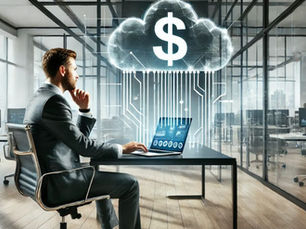 A businessman in a sleek, modern office analyzes Microsoft Dynamics CRM cost on his laptop. A glowing digital cloud with a dollar sign hovers above the screen, symbolizing cloud investment and pricing insights. The setting features glass walls, wood floors, and a tech-inspired design, reflecting a data-driven decision-making environment.