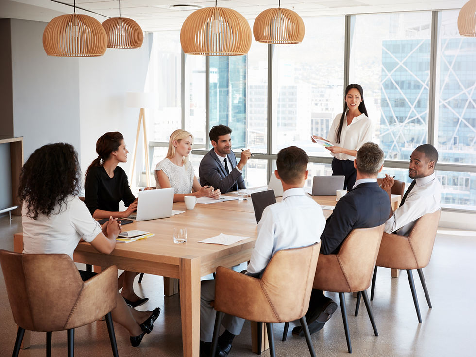 Businesswoman stands to address a meeting around the board table to discuss generating leads