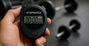 Hand holding a black stopwatch symbolizing urgency in CRM optimization, with gym dumbbells blurred in the background.