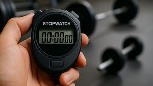 Hand holding a black stopwatch showing 00:00.00, symbolizing the urgency of CRM optimization, with blurred gym dumbbells in the background.