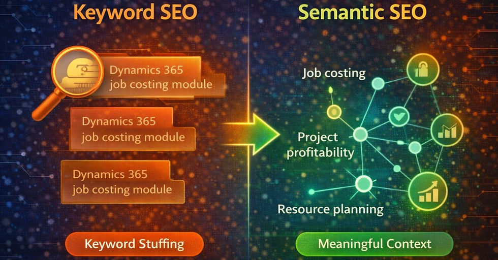 Comparison of Keyword SEO (left, orange) vs. Semantic SEO (right, green) showing keyword lists vs. interconnected concepts and outcomes.