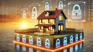 AI image of a house elevated on a secure platform surrounded by locks, symbolizing robust, tailored security features safeguarding Microsoft Dynamics 365 CRM Data