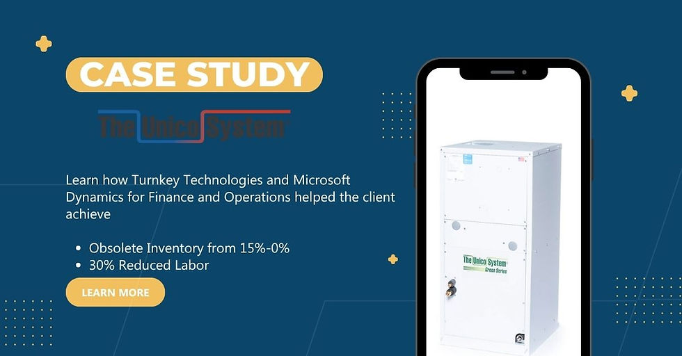 Case study image for The Unico System featuring a phone displaying a Unico System unit. Blue background with yellow text accents highlighting reduced inventory and labor savings.